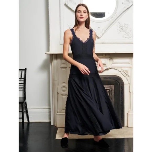La Ligne Maggie Lace-trimmed Silk-georgette Maxi Dress In Midnight Blue - Picture 2 of 12